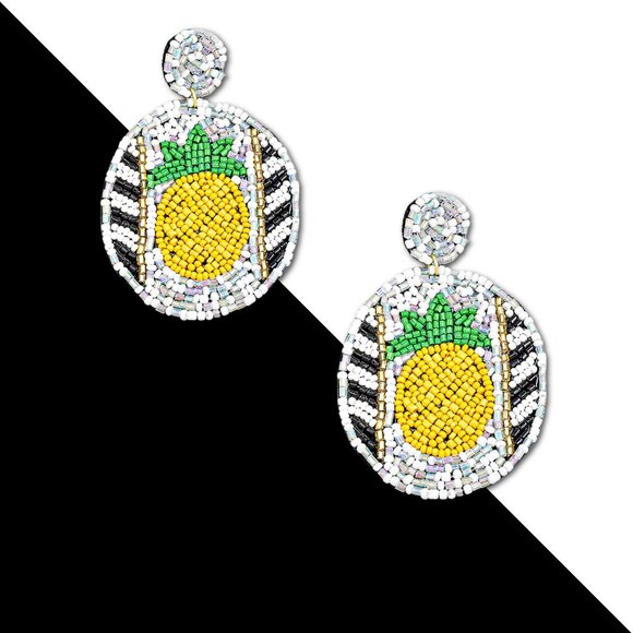 Beaded Pineapple Circle Drop Seed Beaded Tropical Fruit Statement Earrings NEW - Picture 2 of 3